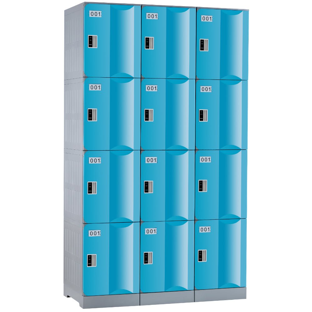 ABS Plastic Locker Bank Of 3 1146W x 500D x 1940mmH Assorted Colours Red 4 Door - Office Furniture Designs