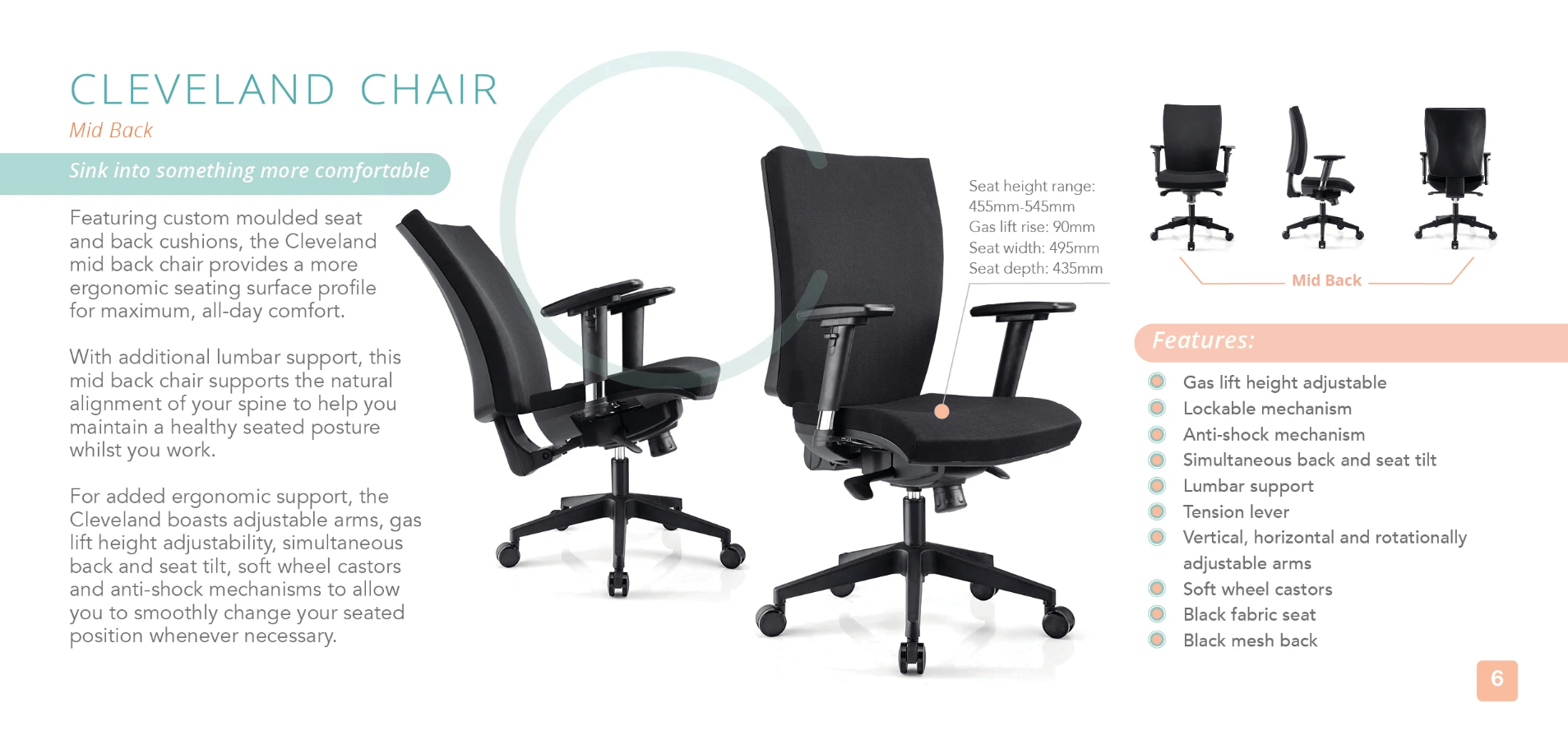 Cleveland Mid Back Chair Mesh Back Fabric With Arms Black Black | Office Furniture Designs