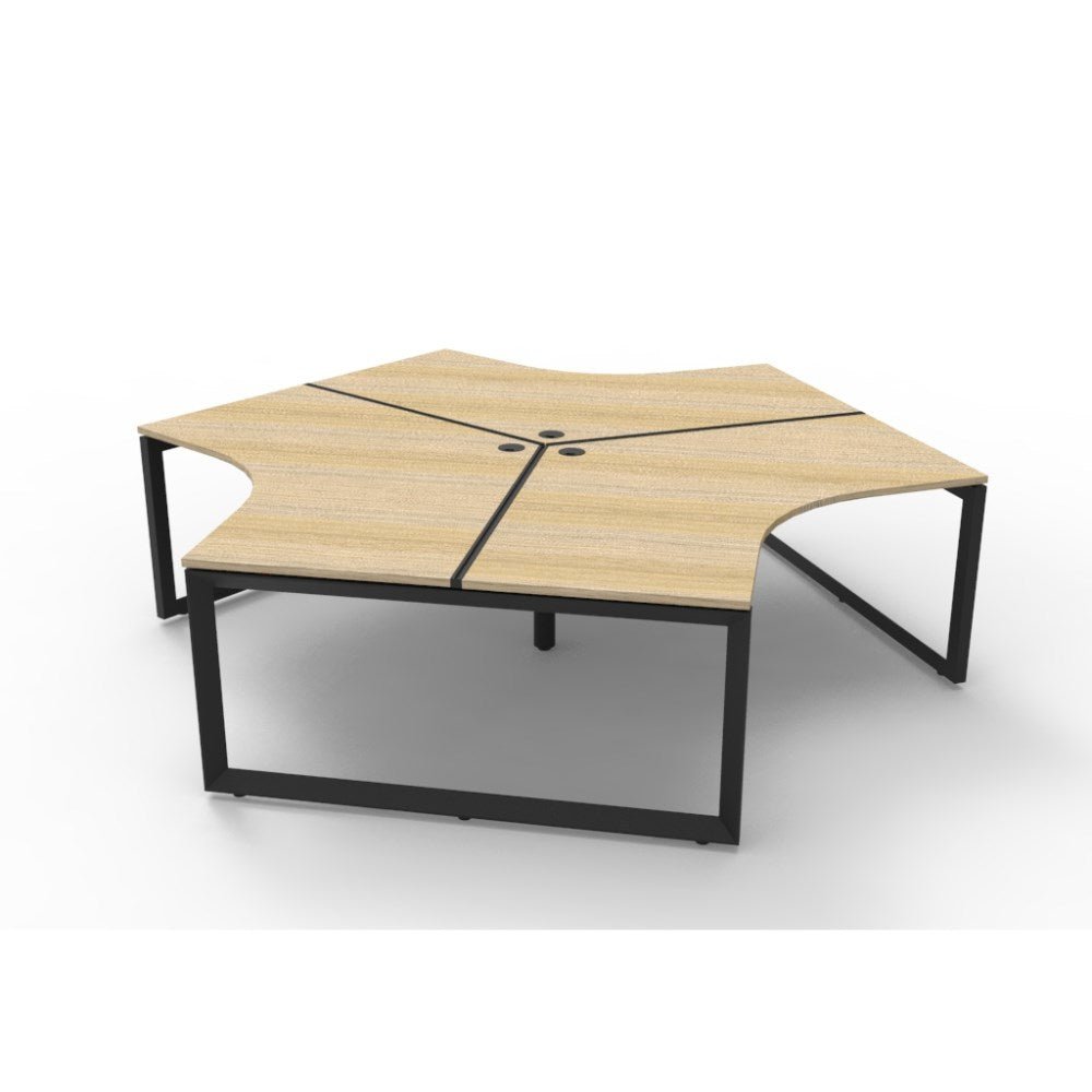 Deluxe Infinity 120 Degree Workstation Loop Leg 3 Person 2866W x 2480D x 730mmH 2866W x 2480D x 730H Black & Oak | Office Furniture Designs