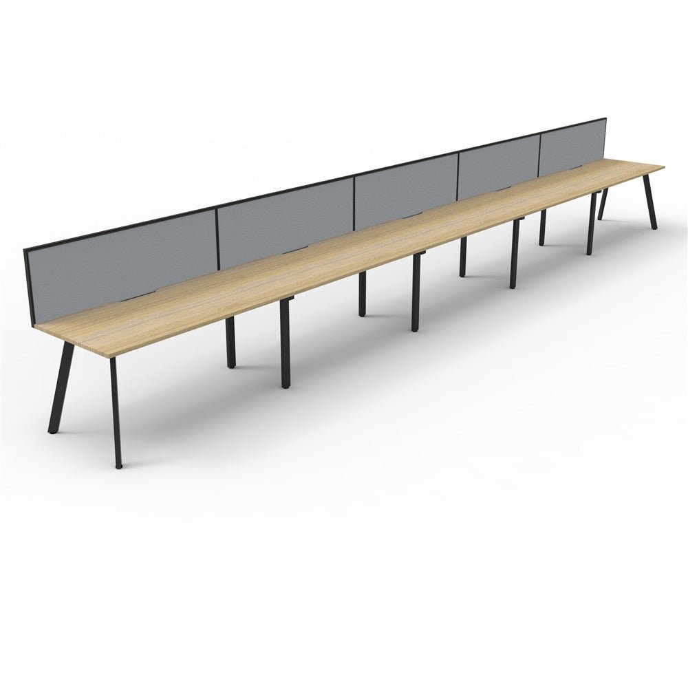 Eternity Workstation Single Sided 5 Person Workstation + Screen Black & Oak 7500W x 750D x 730H | Office Furniture Designs