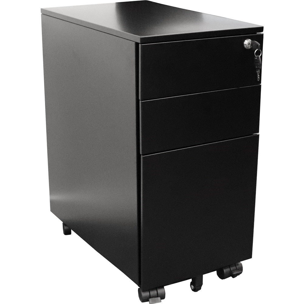 GO Steel Slimline Mobile Pedestal 2 Drawer 1 File 300Wx472Dx610mmH Black 300W x 472D x 610H Black | Office Furniture Designs