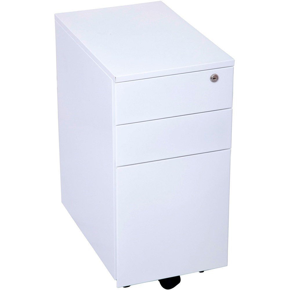 GO Steel Slimline Mobile Pedestal 2 Drawer 1 File 300Wx472Dx610mmH White 300W x 472D x 610H White | Office Furniture Designs