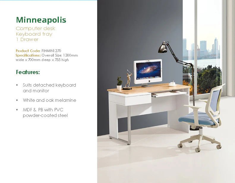 Minneapolis Computer Desk 1300W x 700D x 755mmH Oak Top White Frame 1300W x 700D x 755H White & Oak | Office Furniture Designs