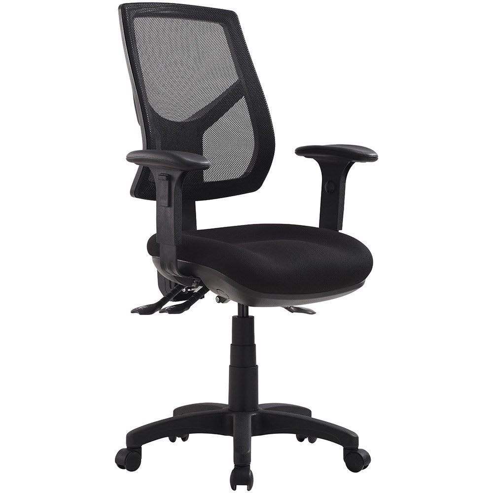 Rio High Back Task Chair 3 Lever Mesh Back Black Fabric With Arms Black | Office Furniture Designs