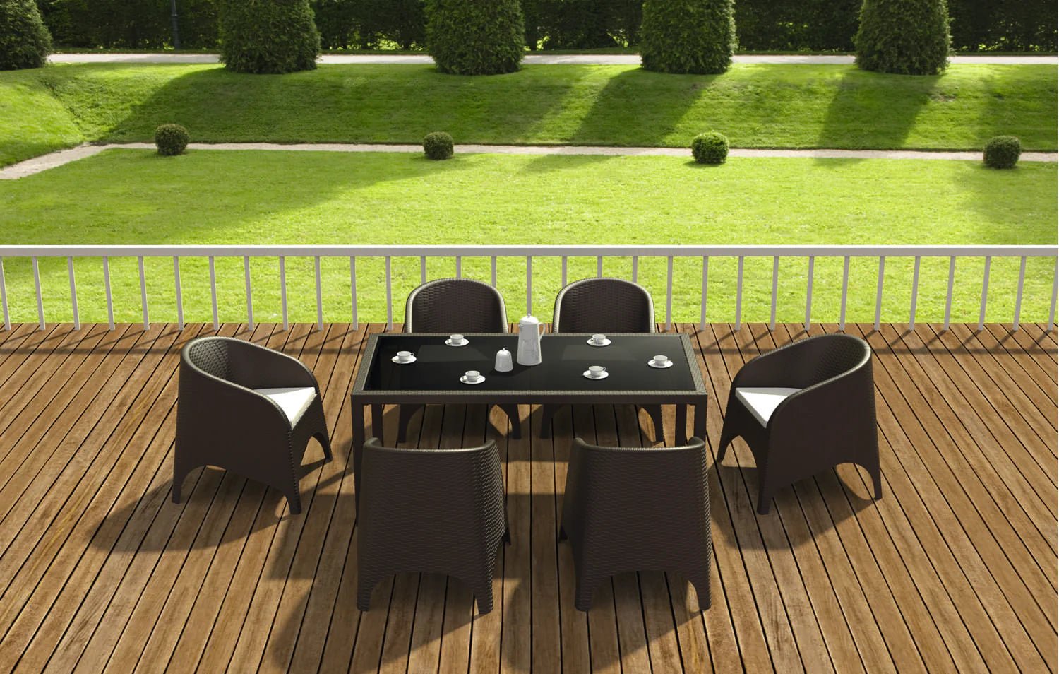 Siesta Tahiti 6 Seater Resin Rattan Dining Setting with Aruba Arm Chair Chocolate | Office Furniture Designs