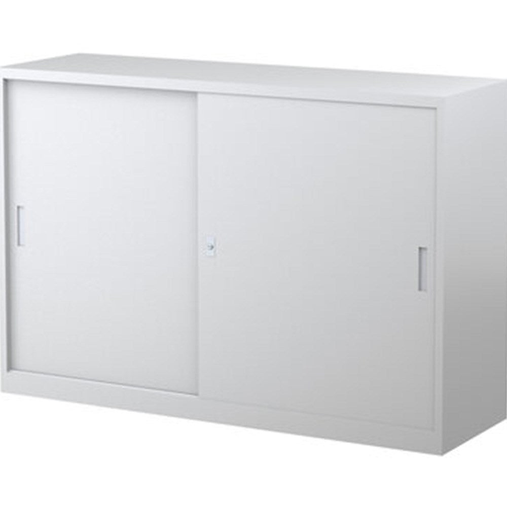 Steelco Sliding Door Cabinet 1500W x 465D x 1015H 2 Shelves Silver & Grey | Office Furniture Designs