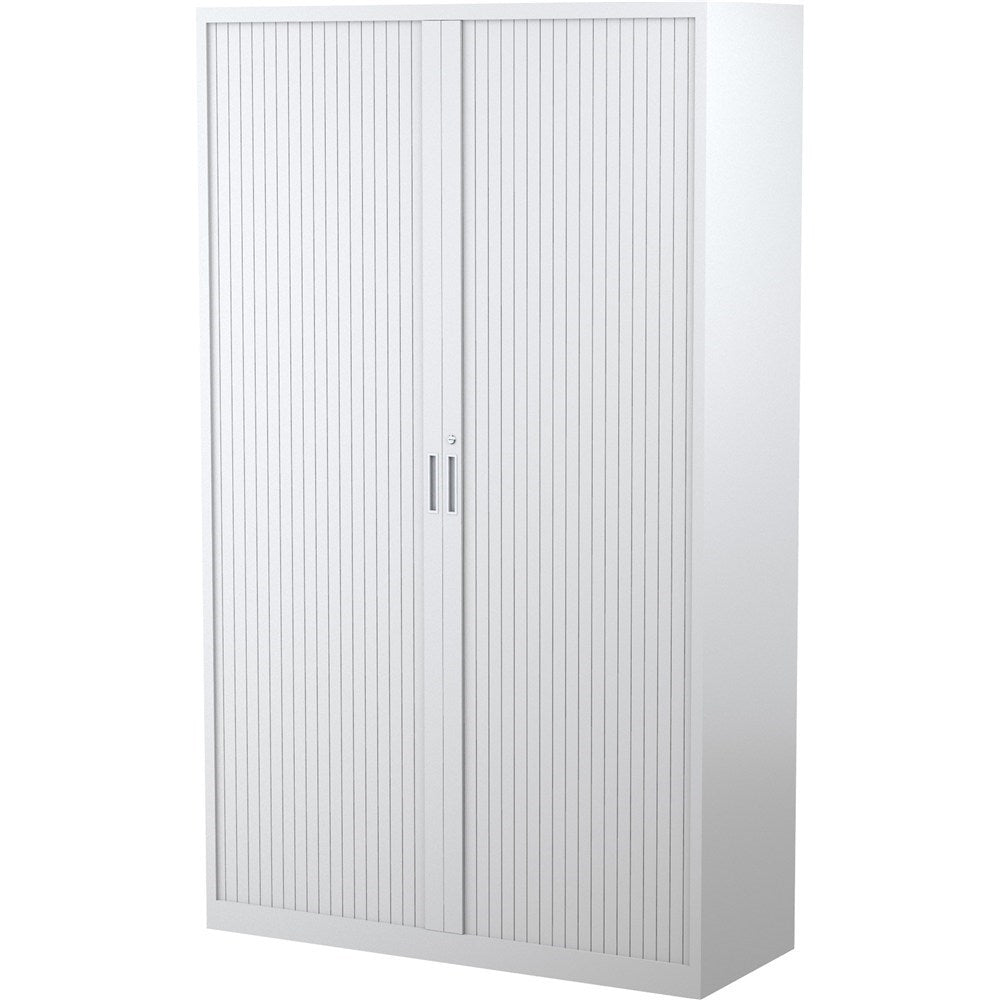 Steelco Tambour Door Cupboard 1200W x 463D x 2000H Includes 5 Shelves White Satin | Office Furniture Designs