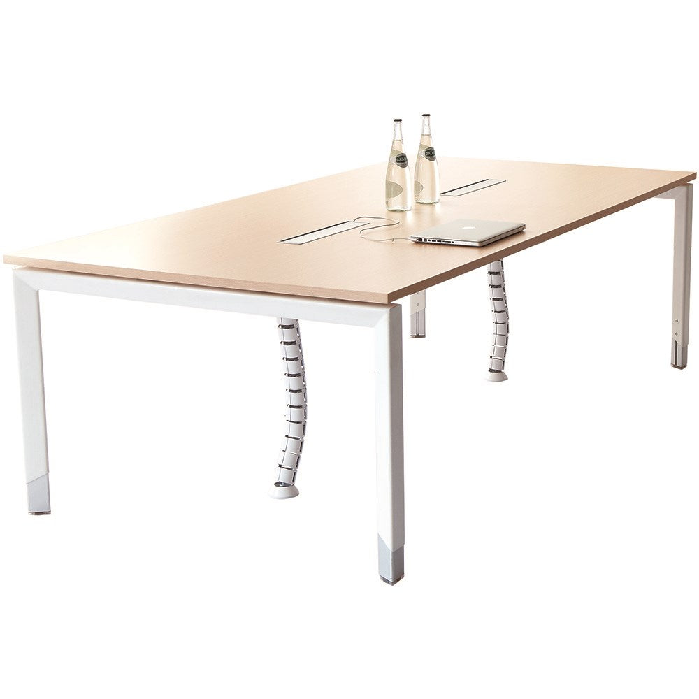 Oblique Boardroom Table Height Adjustable + Power Boxes Snow Maple