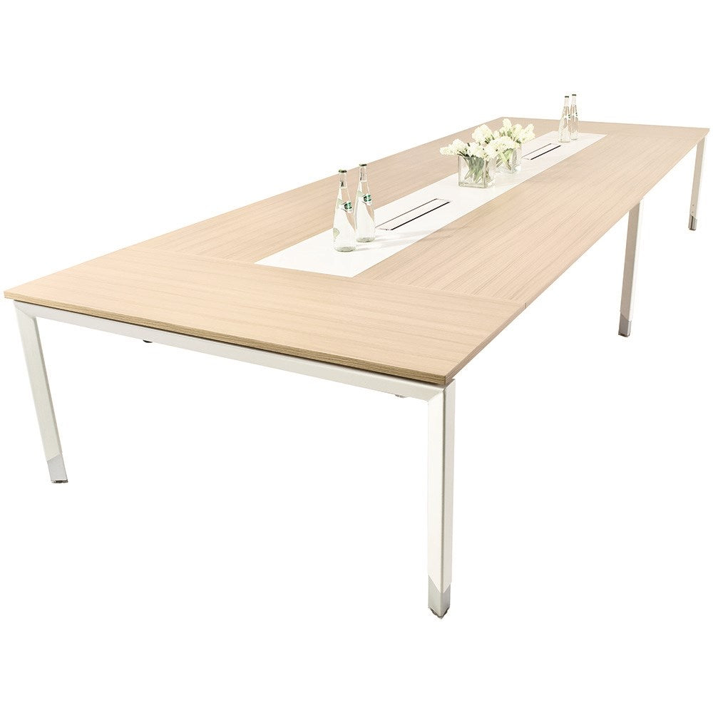 Oblique Boardroom Table Height Adjustable + Power Boxes Snow Maple