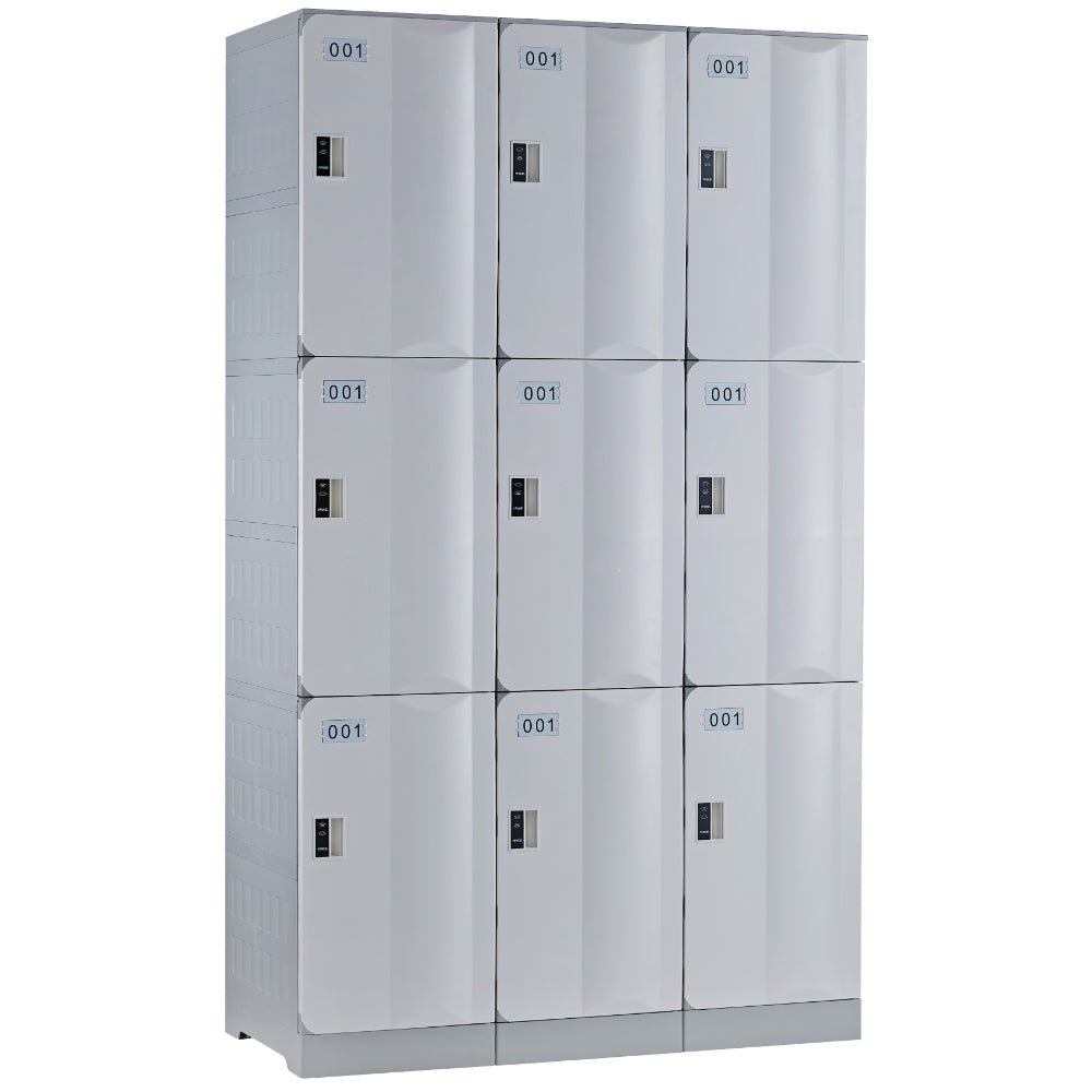 ABS Plastic Locker Bank Of 3 1146W x 500D x 1940mmH Assorted Colours Red 3 Door - Office Furniture Designs