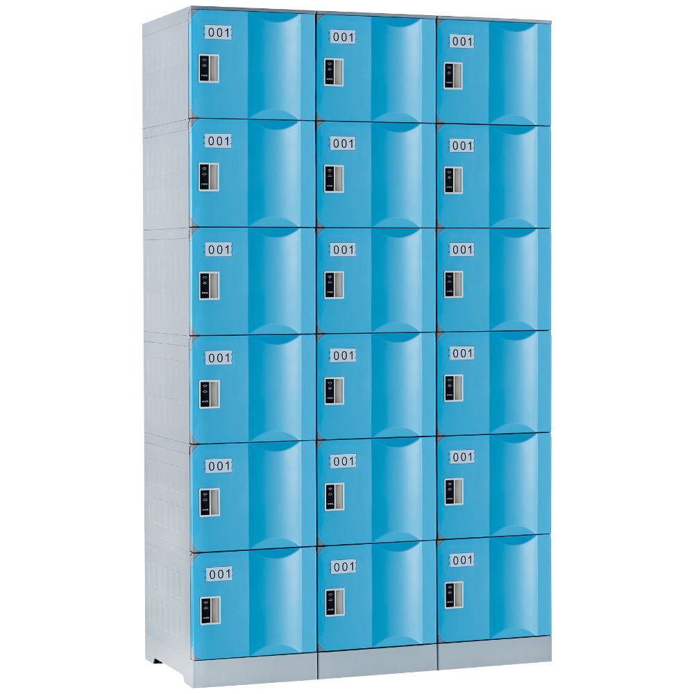 ABS Plastic Locker Bank Of 3 1146W x 500D x 1940mmH Assorted Colours Red 6 Door - Office Furniture Designs