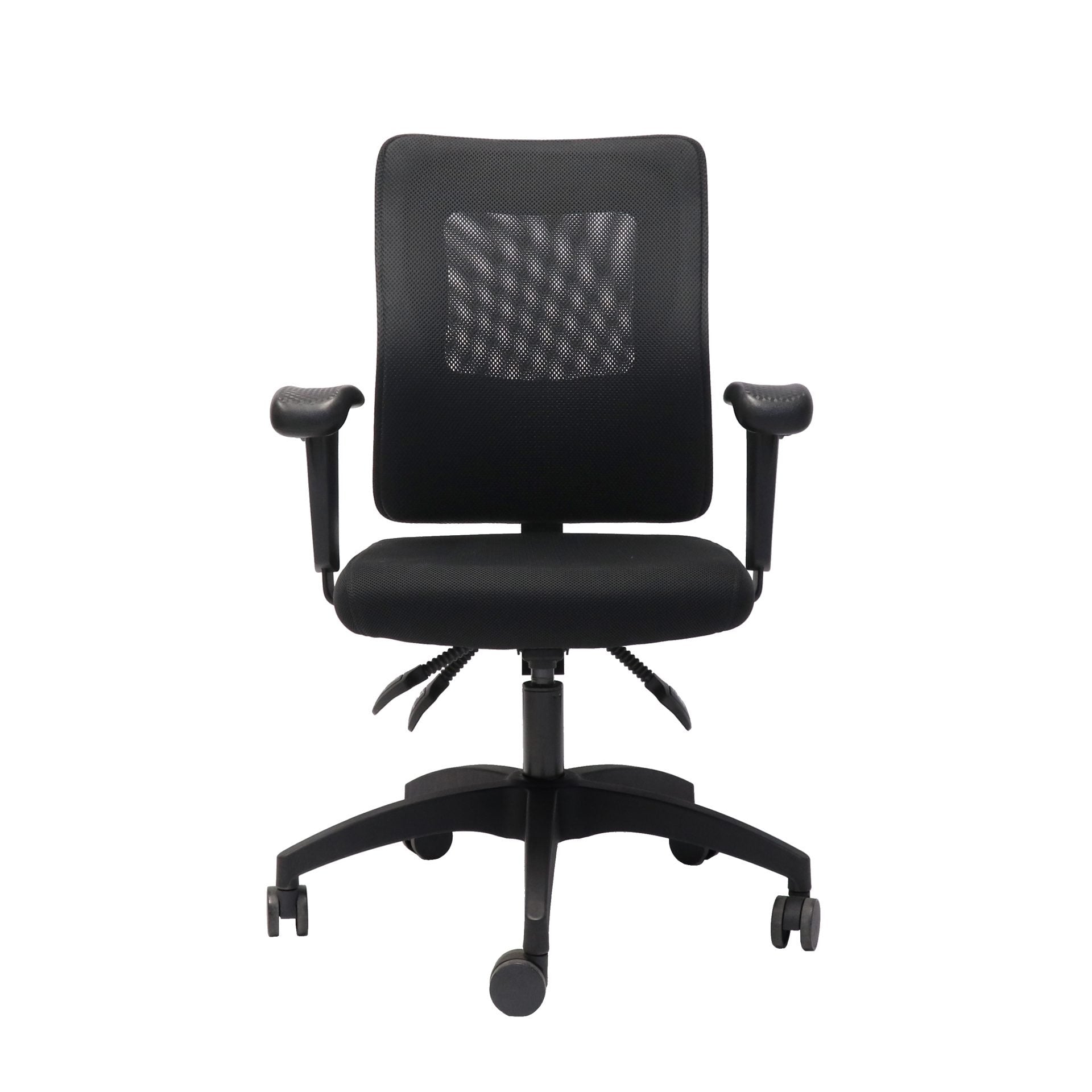 AM100 Ergonomic Chair Medium Mesh Back With Arms Fabric & Back Black Black | Office Furniture Designs