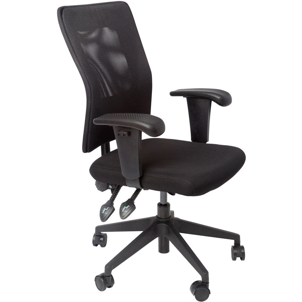 AM100 Ergonomic Chair Medium Mesh Back With Arms Fabric & Back Black Black | Office Furniture Designs