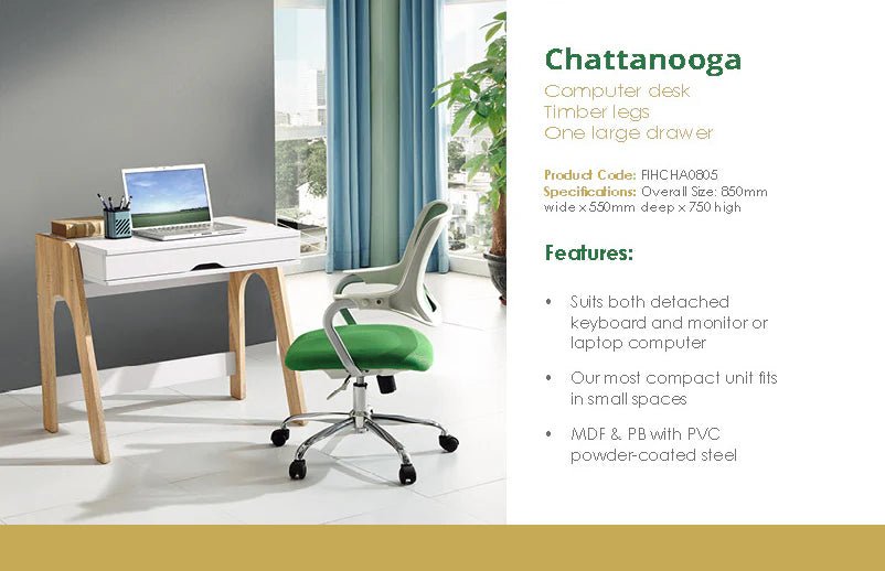 Chattanooga Computer Desk 850W x 550D x750mmH White Top Oak Frame 850W x 550D x 750H White & Oak | Office Furniture Designs