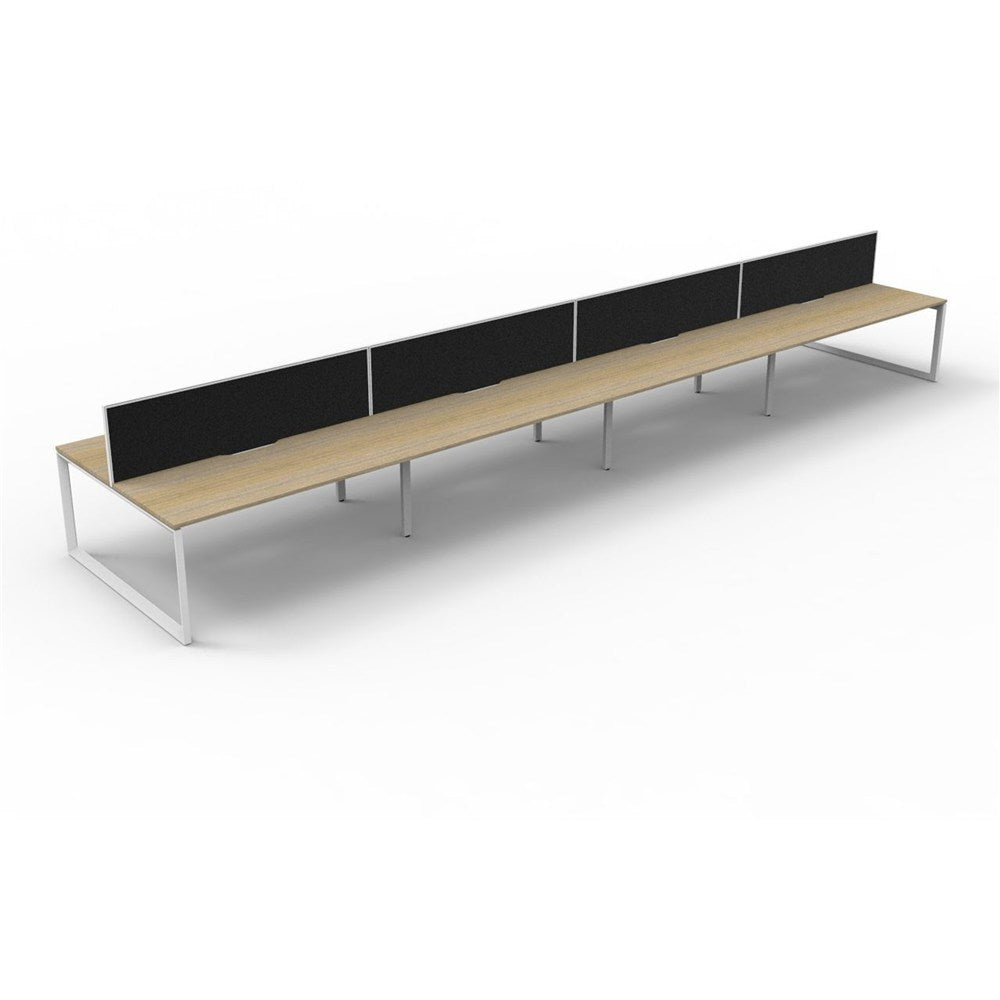 Deluxe Infinity Desk Double Sided 8 Person Loop Leg + Screen White & Oak 6000W x 1530D x 730H | Office Furniture Designs