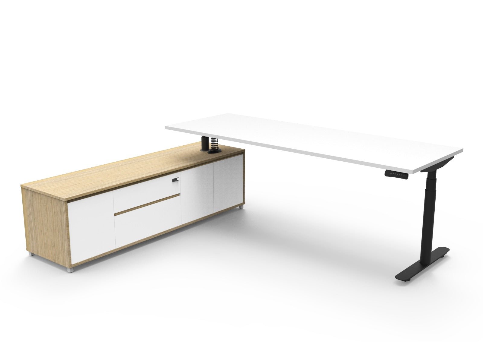 Halo+ Executive Desk & Cabinet Workstation Left Hand 2270 x 1936mm Natural White + Black | Office Furniture Designs