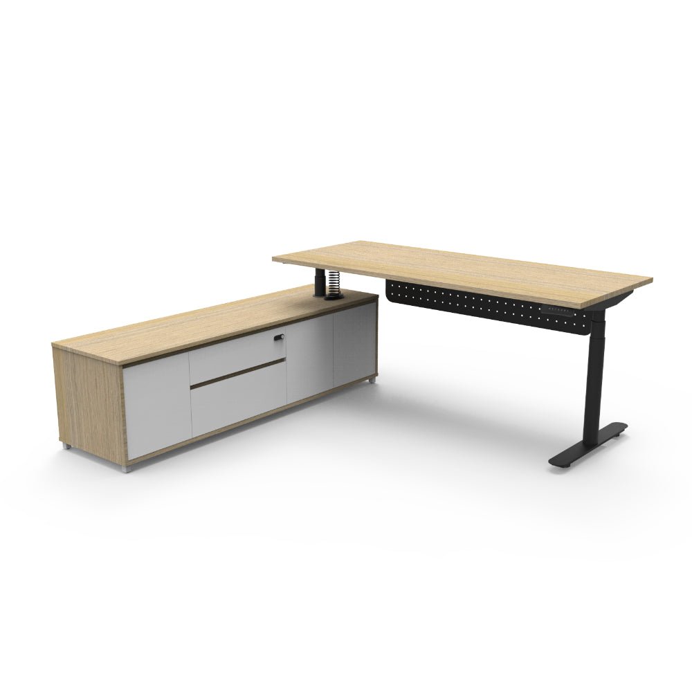 Halo+ Executive Desk & Cabinet Workstation Left Hand + Modesty Panel 2020 x 2011mm Natural Oak + Black | Office Furniture Designs