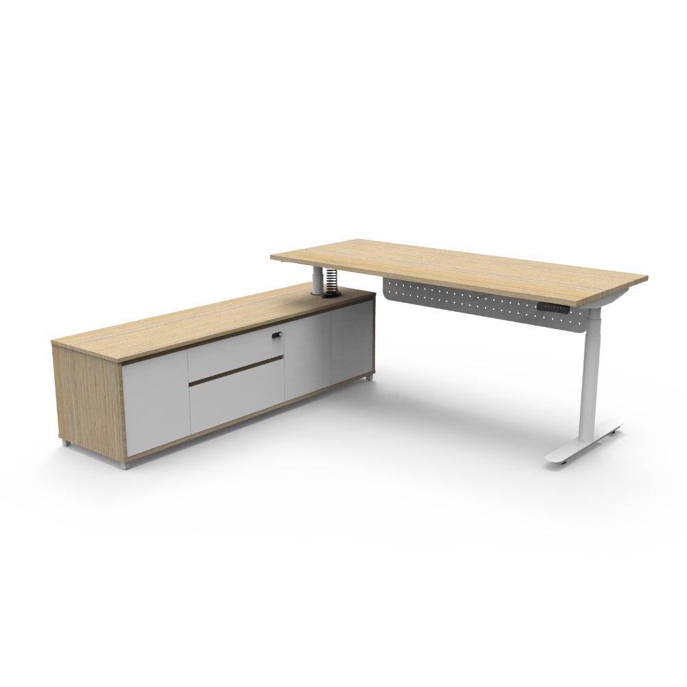 Halo+ Executive Desk & Cabinet Workstation Left Hand + Modesty Panel 2020 x 2011mm Natural Oak + White | Office Furniture Designs
