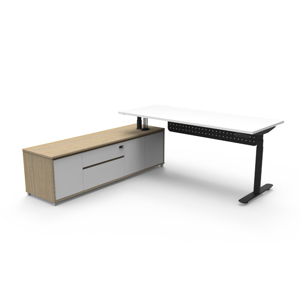 Halo+ Executive Desk & Cabinet Workstation Left Hand + Modesty Panel 2020 x 2011mm Natural White + Black | Office Furniture Designs