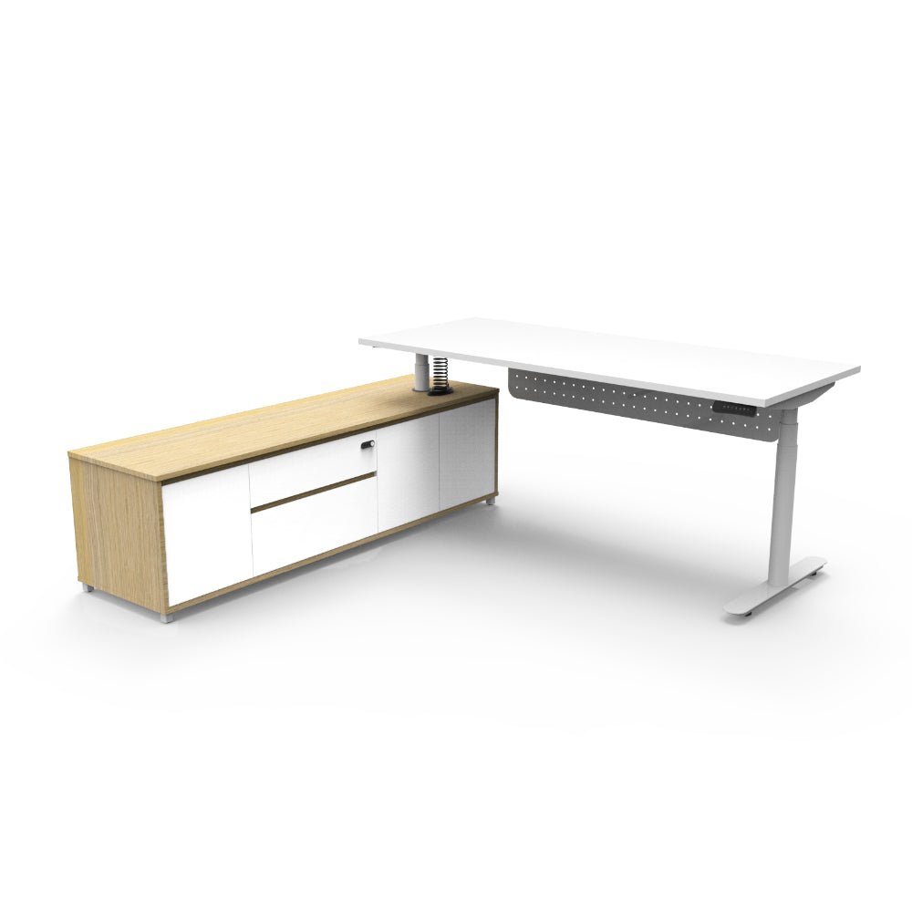 Halo+ Executive Desk & Cabinet Workstation Left Hand + Modesty Panel 2020 x 2011mm Natural White + White | Office Furniture Designs