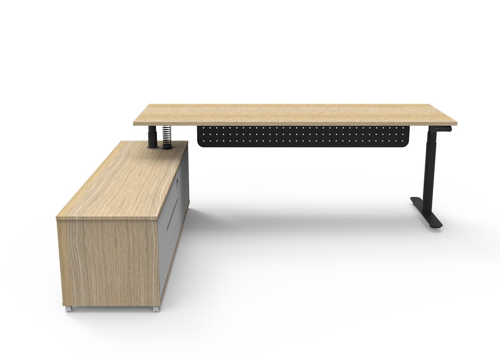 Halo+ Executive Desk & Cabinet Workstation Left Hand + Modesty Panel 2270 x 1936mm Natural Oak + Black | Office Furniture Designs