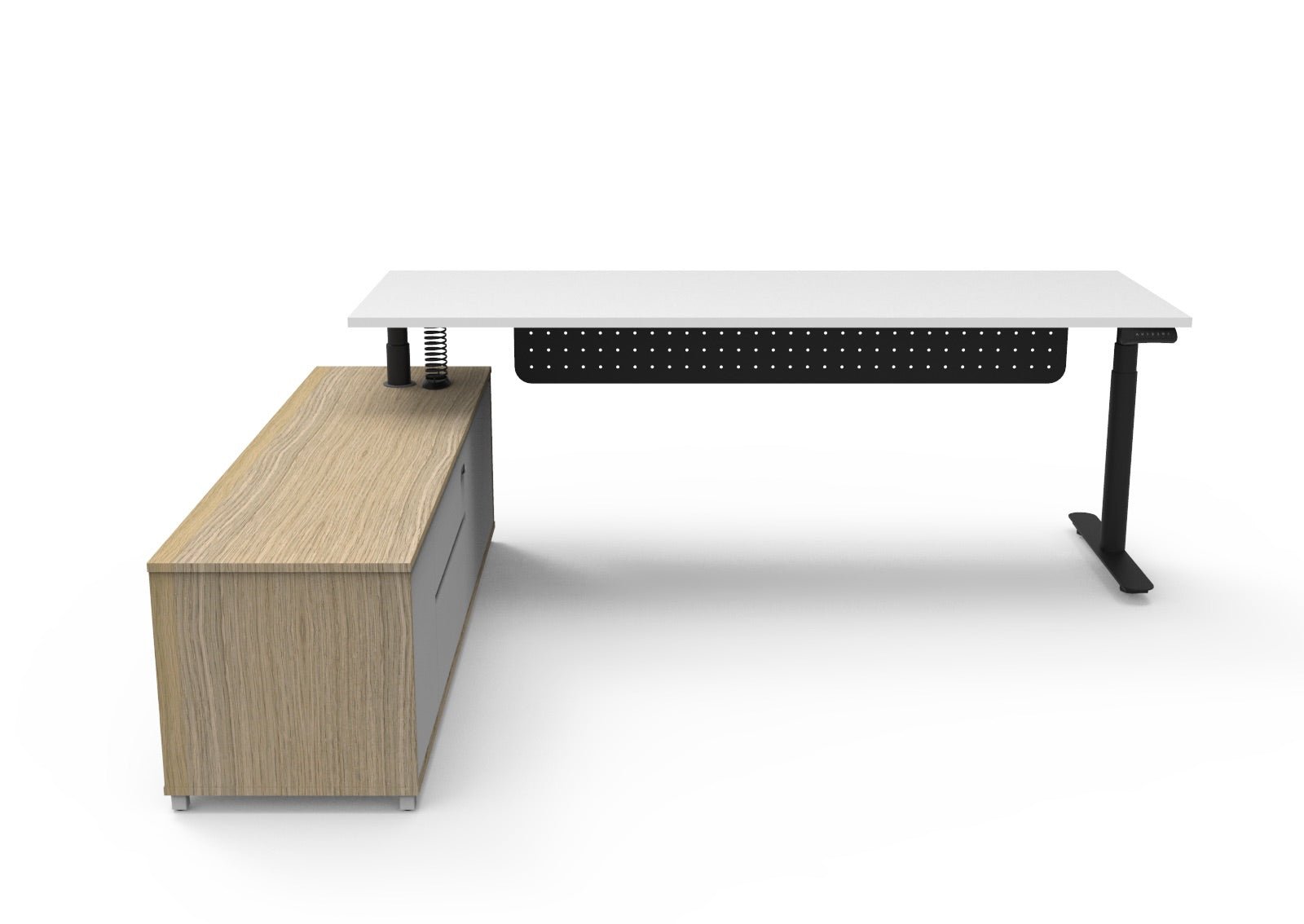Halo+ Executive Desk & Cabinet Workstation Left Hand + Modesty Panel 2270 x 1936mm Natural White + Black | Office Furniture Designs