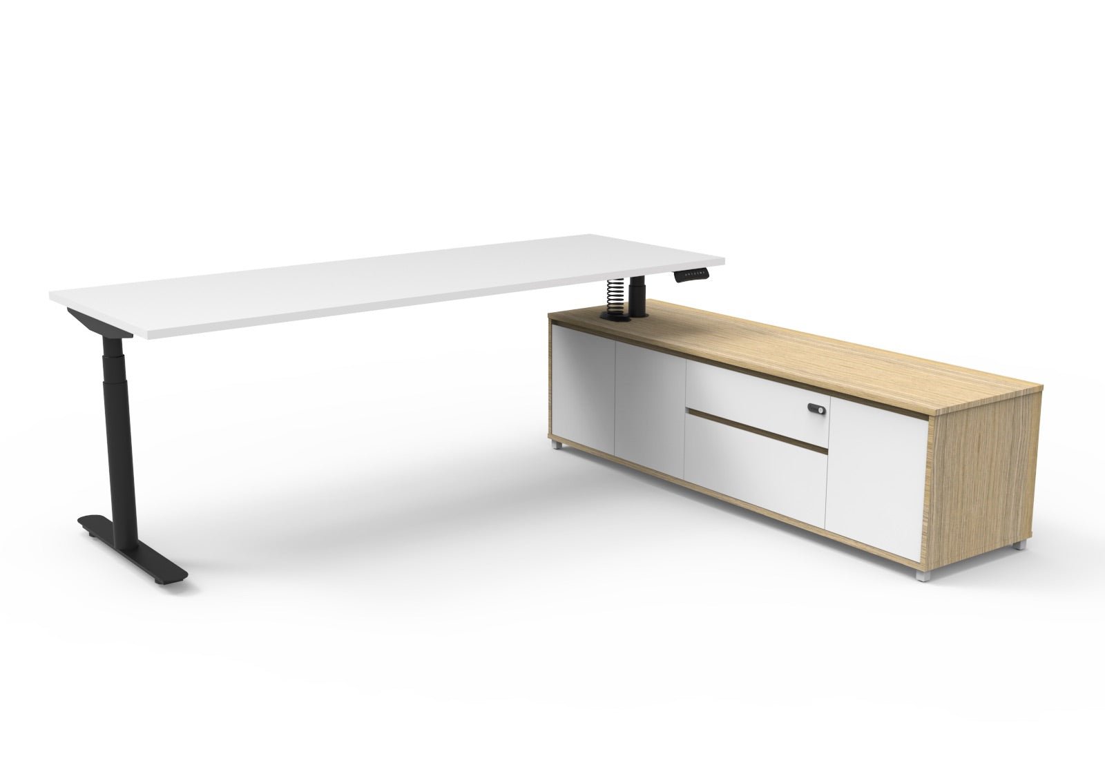 Halo+ Executive Desk & Cabinet Workstation Right Hand 2270 x 1936mm Natural White + Black | Office Furniture Designs