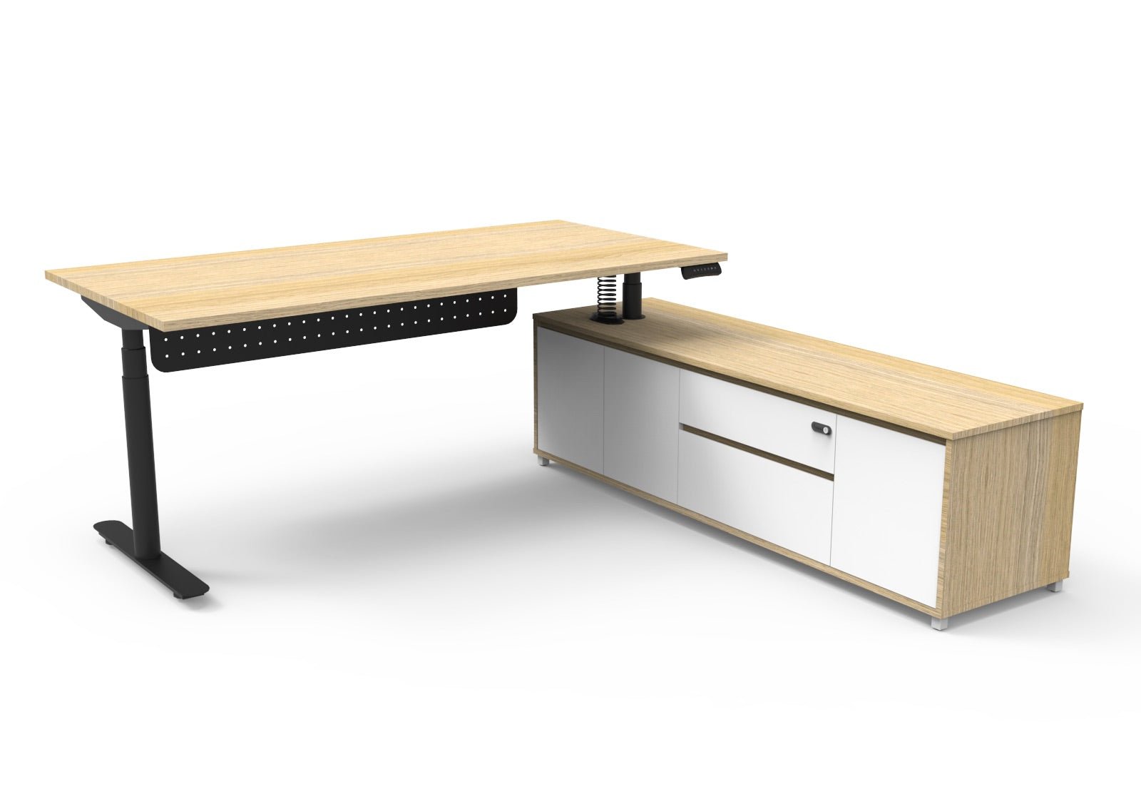 Halo+ Executive Desk & Cabinet Workstation Right Hand + Modesty Panel 2020 x 1936mm Natural Oak + Black | Office Furniture Designs