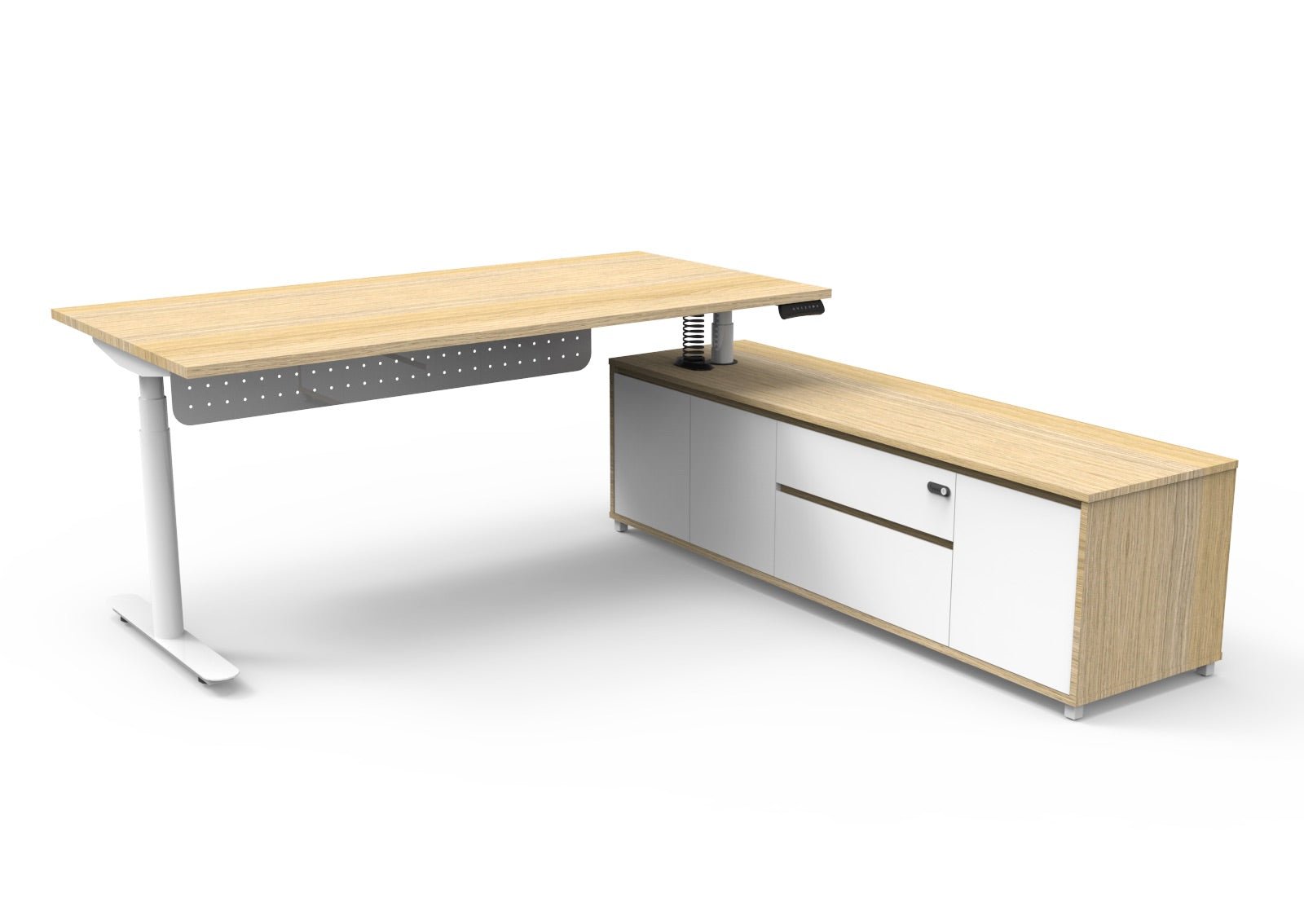 Halo+ Executive Desk & Cabinet Workstation Right Hand + Modesty Panel 2020 x 1936mm Natural Oak + White | Office Furniture Designs