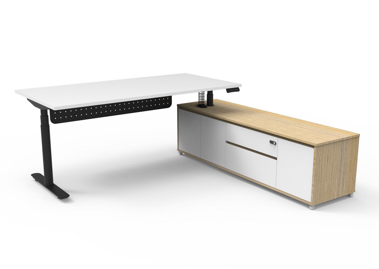 Halo+ Executive Desk & Cabinet Workstation Right Hand + Modesty Panel 2020 x 2011mm Natural White + Black | Office Furniture Designs