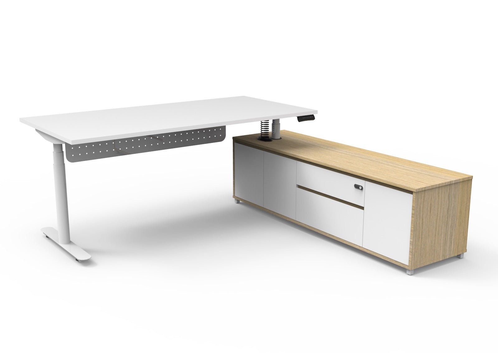 Halo+ Executive Desk & Cabinet Workstation Right Hand + Modesty Panel 2020 x 2011mm Natural White + White | Office Furniture Designs