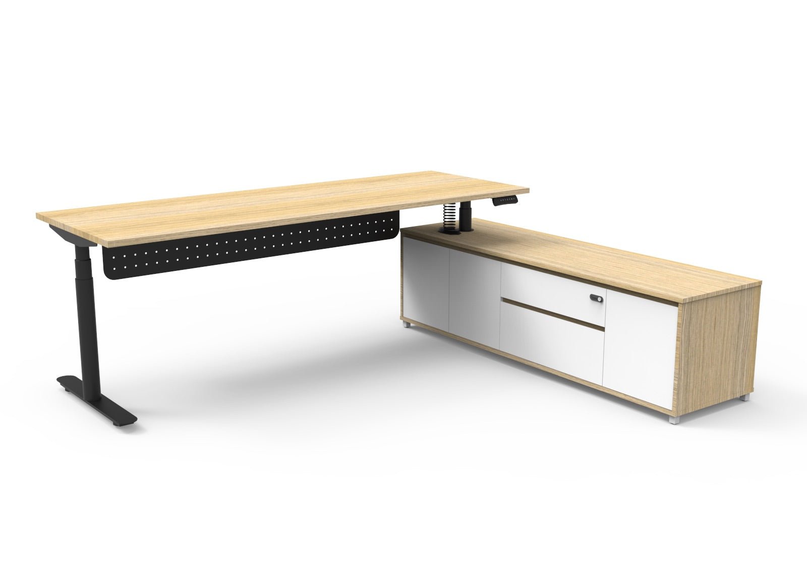 Halo+ Executive Desk & Cabinet Workstation Right Hand + Modesty Panel 2270 x 1936mm Natural Oak + Black | Office Furniture Designs