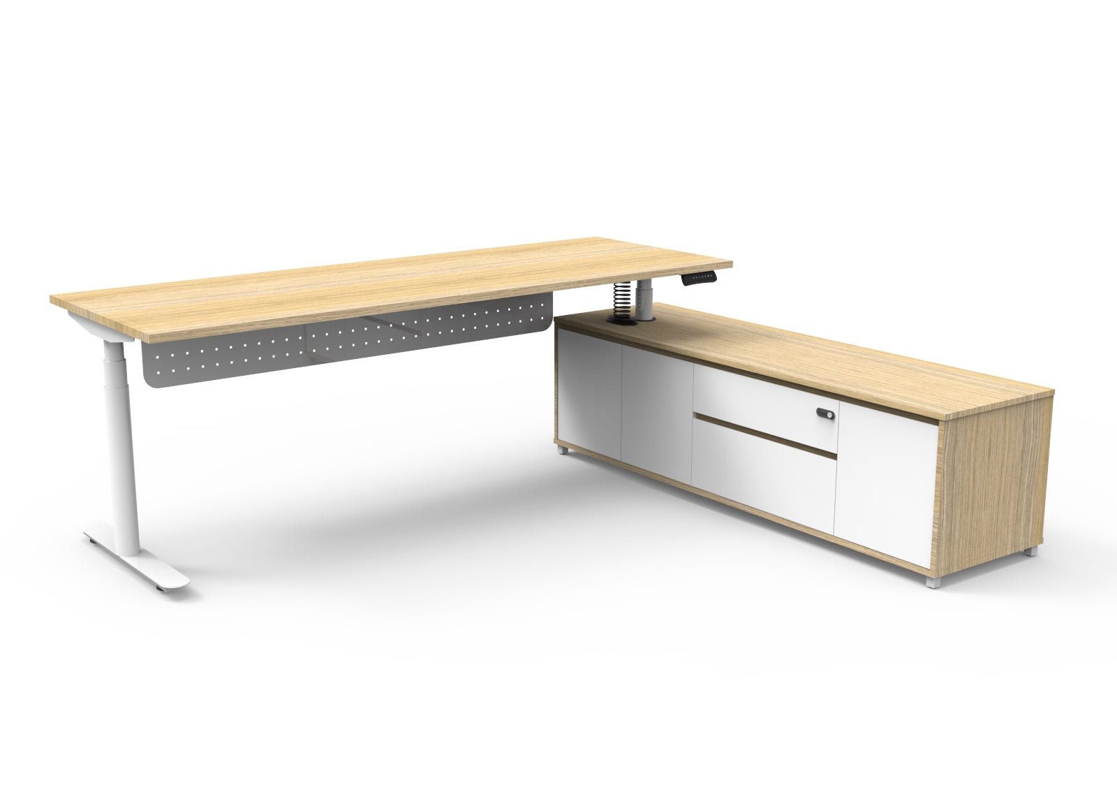 Halo+ Executive Desk & Cabinet Workstation Right Hand + Modesty Panel 2270 x 1936mm Natural Oak + White | Office Furniture Designs