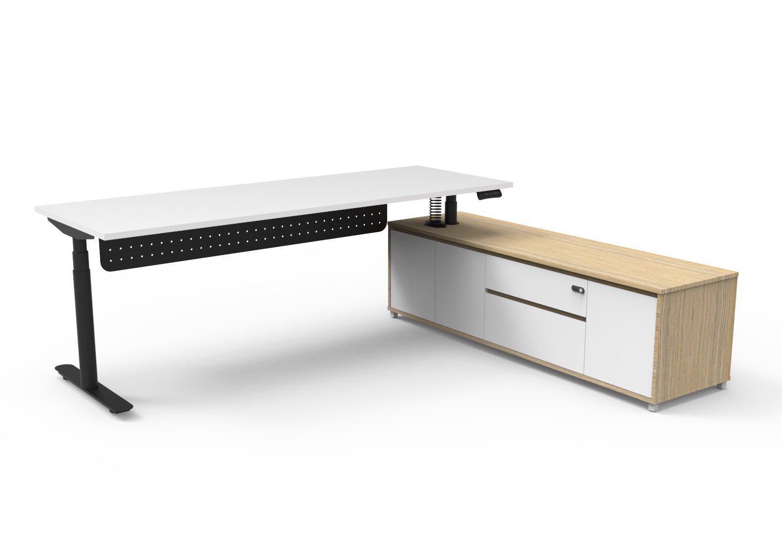 Halo+ Executive Desk & Cabinet Workstation Right Hand + Modesty Panel 2270 x 1936mm Natural White + Black | Office Furniture Designs
