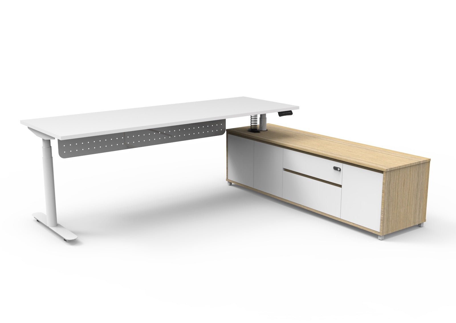 Halo+ Executive Desk & Cabinet Workstation Right Hand + Modesty Panel 2270 x 1936mm Natural White + White | Office Furniture Designs