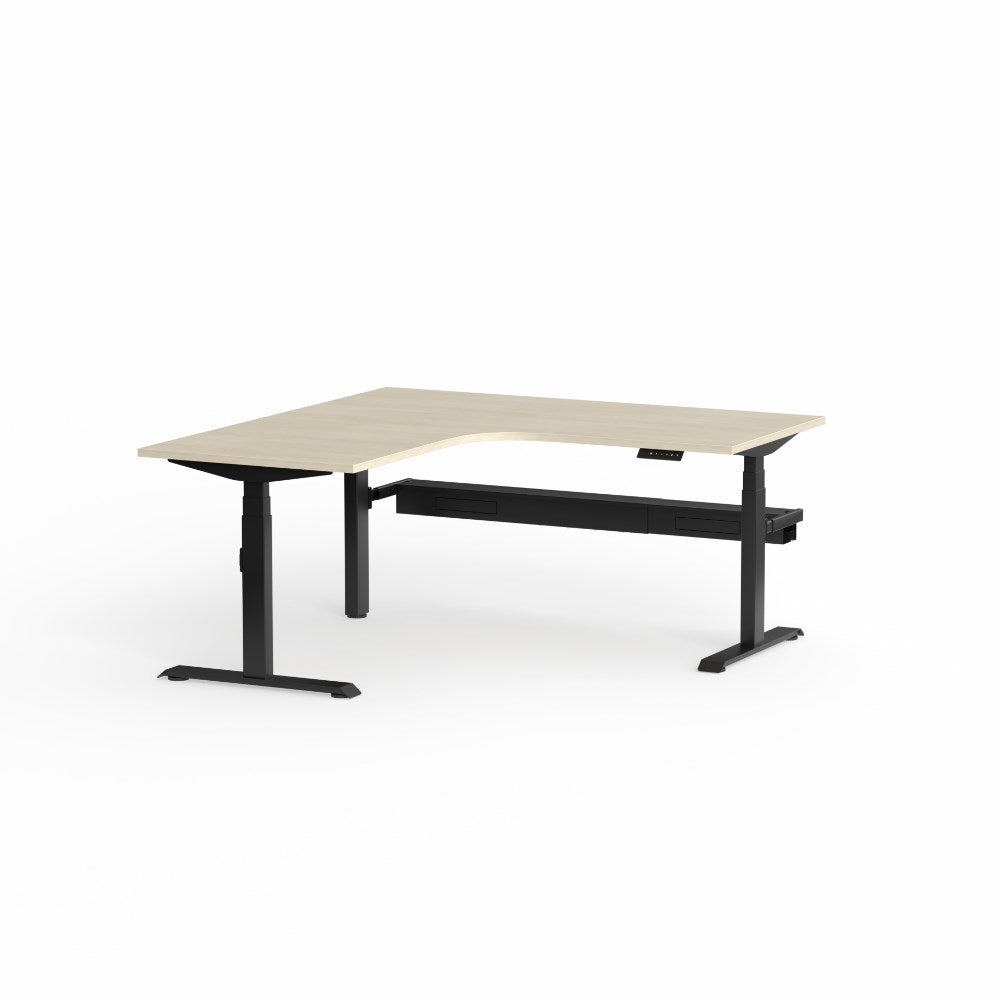 Klass Electric Height Adjustable Workstation 1800/1800W x 750D x 620 - 1270mmH 90Deg Workstation RHR Black Maple - Office Furniture Designs