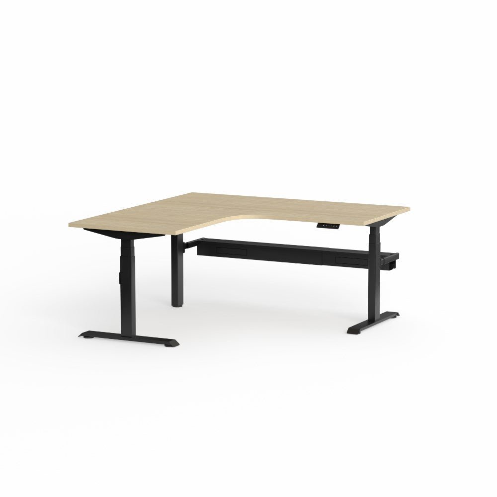 Klass Electric Height Adjustable Workstation 1800/1800W x 750D x 620 - 1270mmH 90Deg Workstation RHR Black & Oak - Office Furniture Designs