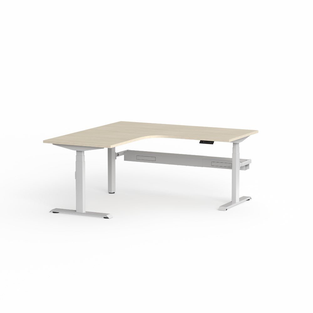 Klass Electric Height Adjustable Workstation 1800/1800W x 750D x 620 - 1270mmH 90Deg Workstation RHR White Maple - Office Furniture Designs