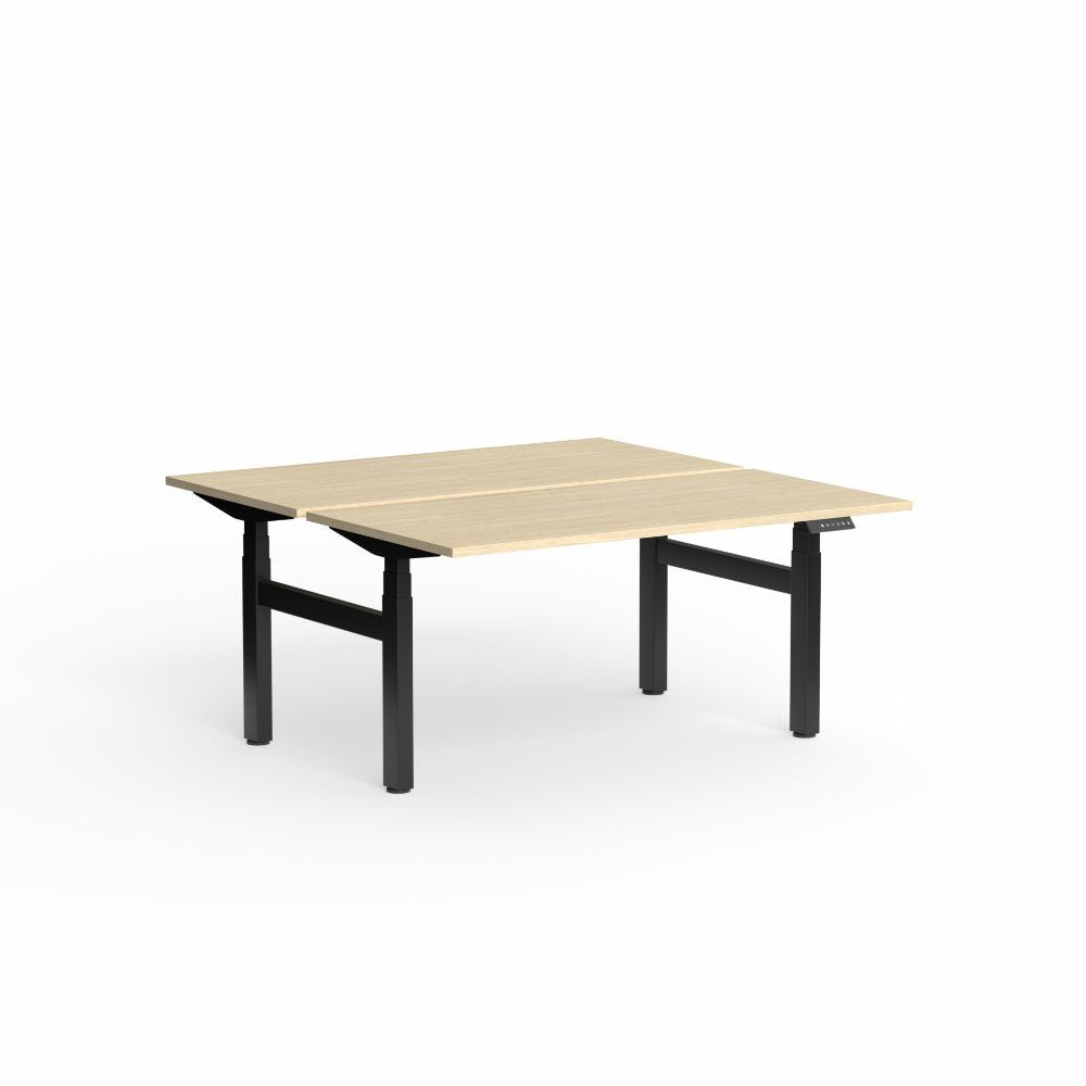 Klass Electric Height Adjustable Workstation 1800W x 1500D x 620 - 1270mmH Electric Height Adjust Double Sided Desk Black & Oak - Office Furniture Designs