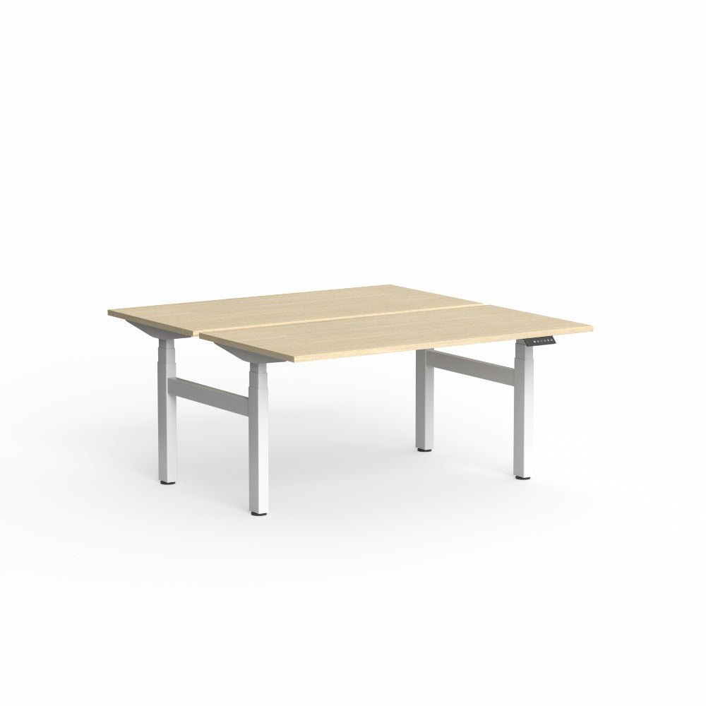 Klass Electric Height Adjustable Workstation 1800W x 1500D x 620 - 1270mmH Electric Height Adjust Double Sided Desk White & Oak - Office Furniture Designs