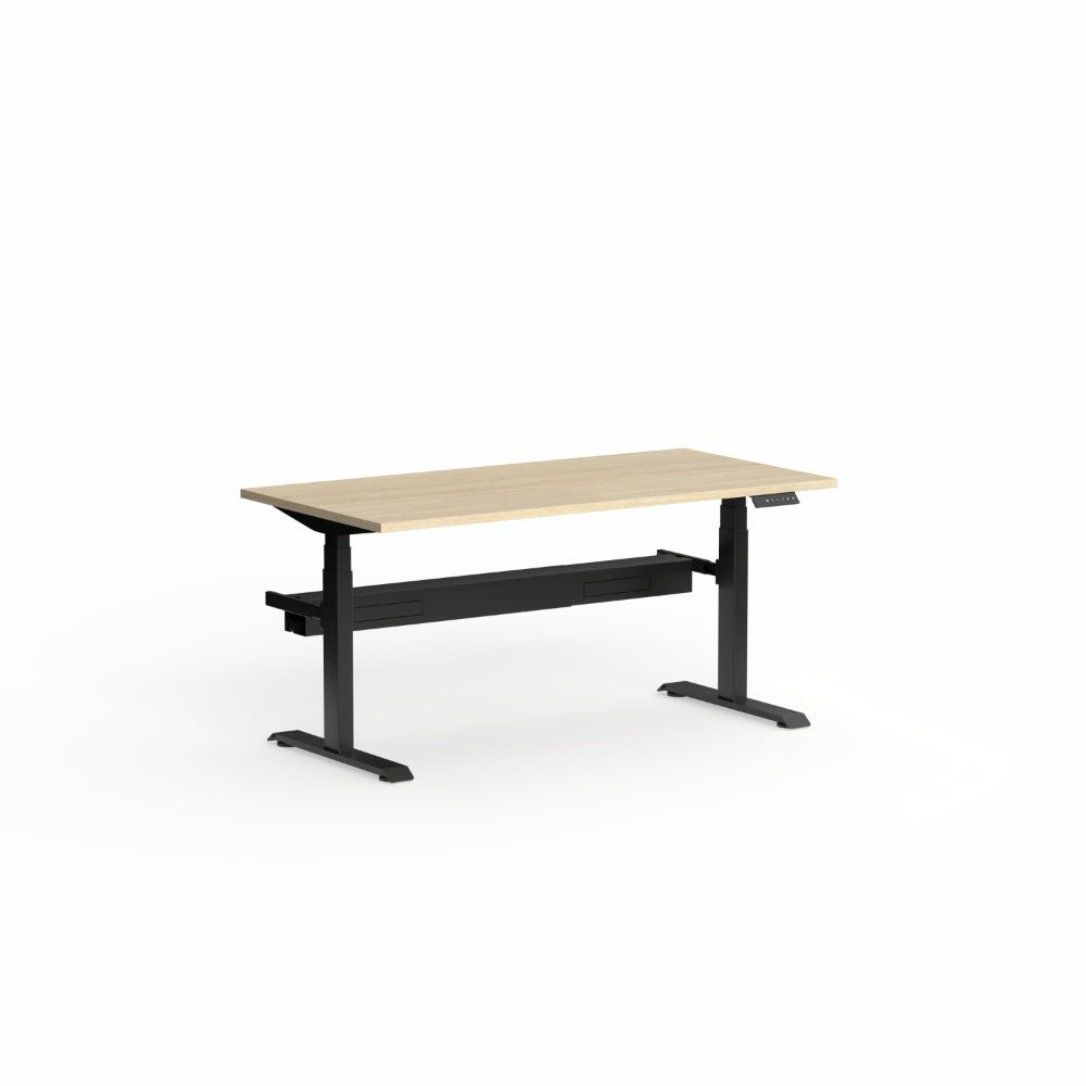 Klass Electric Single Sided Desk 1200 x 750 with Scallop New Oak Matte top / Black frame Yes | Office Furniture Designs