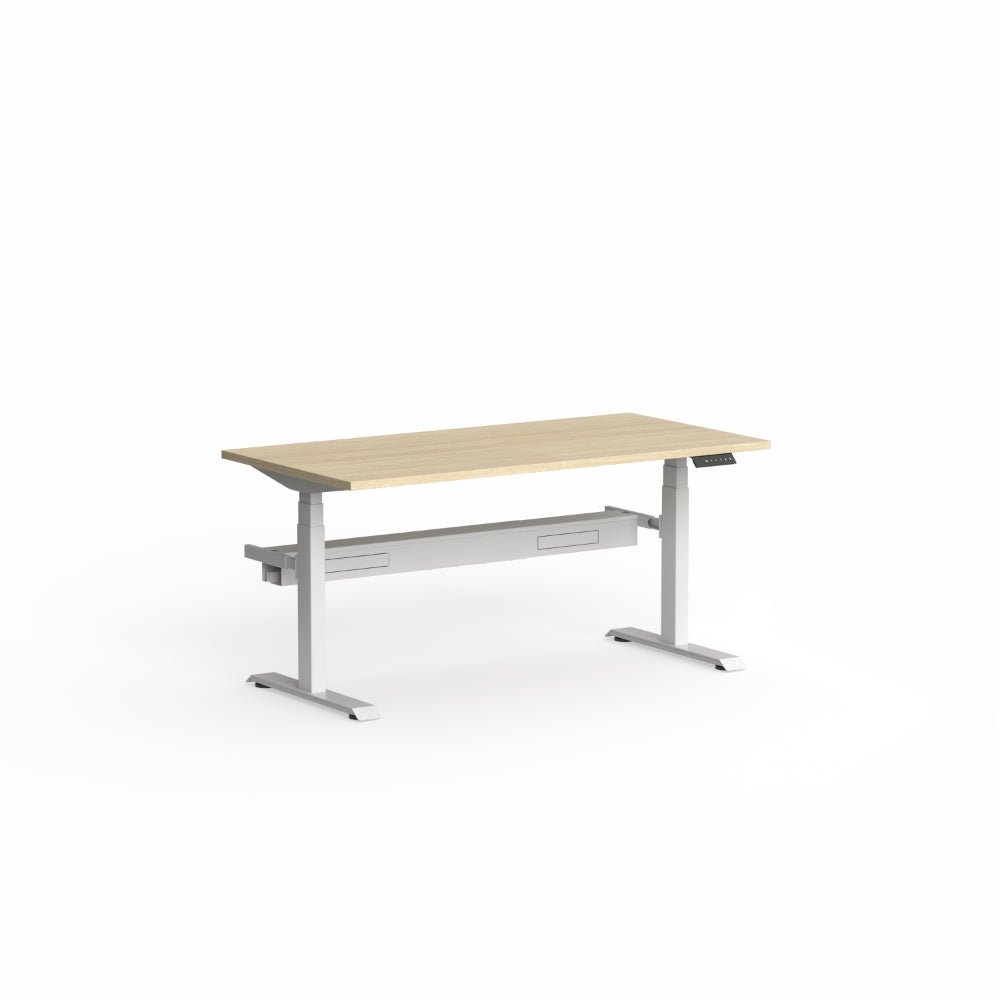 Klass Electric Single Sided Desk 1200 x 750 with Scallop New Oak Matte top / White frame Yes | Office Furniture Designs
