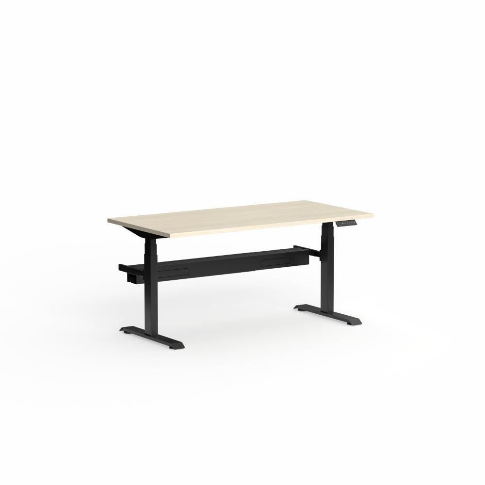 Klass Electric Single Sided Desk 1200 x 750 with Scallop Nordic Maple top / Black frame Yes | Office Furniture Designs