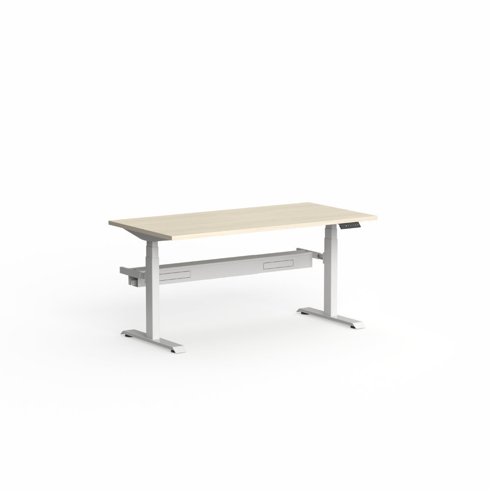 Klass Electric Single Sided Desk 1200 x 750 with Scallop Nordic Maple top / White frame Yes | Office Furniture Designs