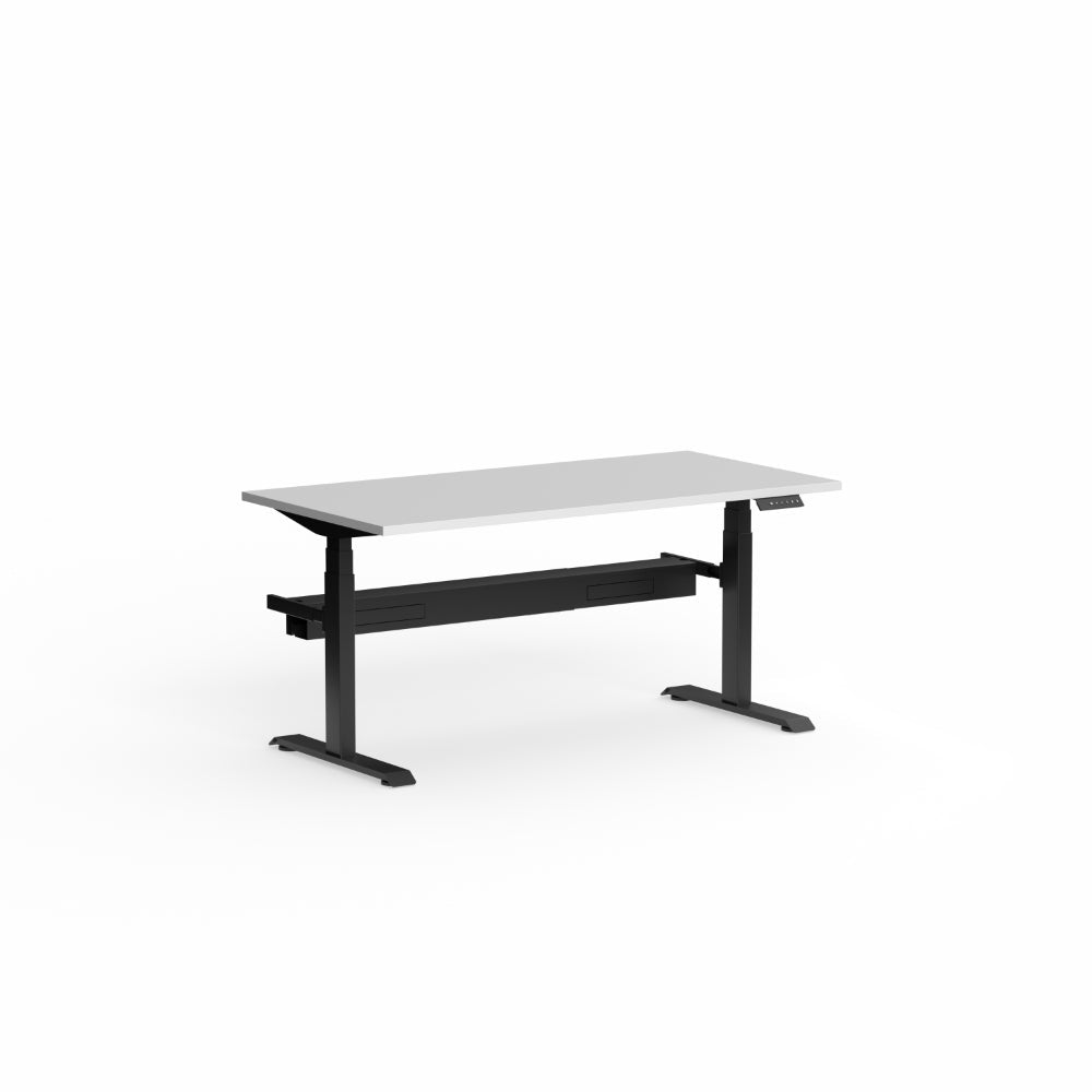 Klass Electric Single Sided Desk 1200 x 750 with Scallop Studio White top / Black frame Yes | Office Furniture Designs