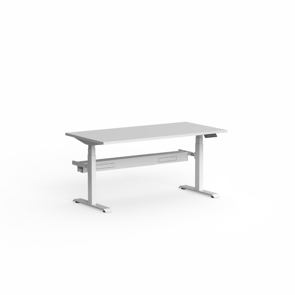 Klass Electric Single Sided Desk 1200 x 750 with Scallop Studio White top / White frame Yes | Office Furniture Designs