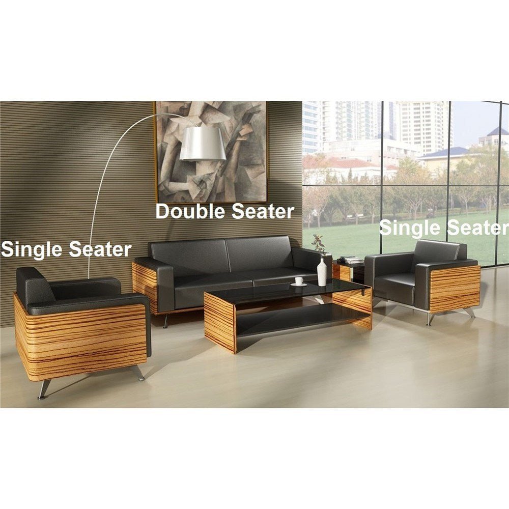 Novara Lounge Zebrano Sides And Black Leather 1490W x 820D x 815H 2 Seater Black | Office Furniture Designs