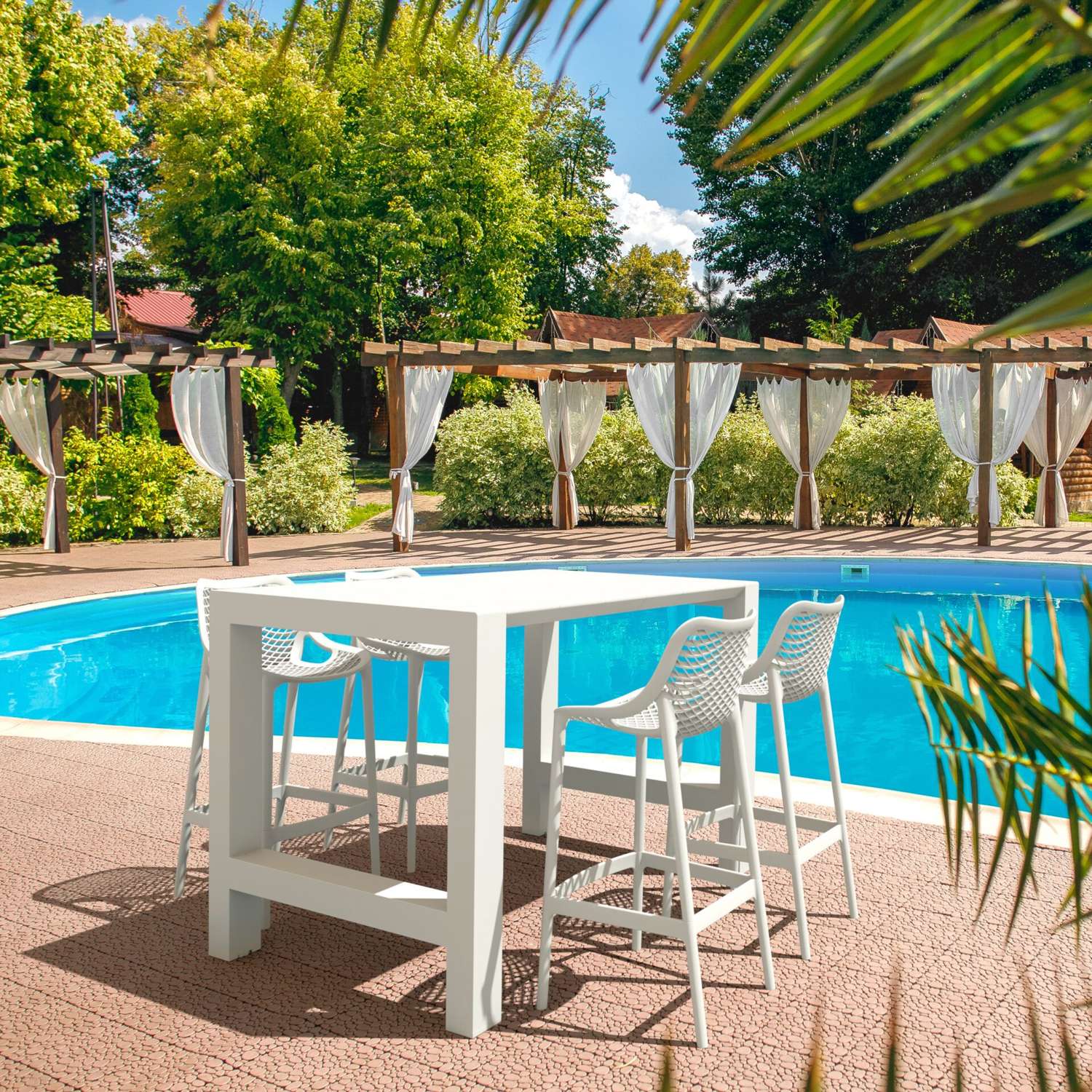 Siesta 5 Piece Outdoor Bar Table Setting with Air Bar Stools White | Office Furniture Designs