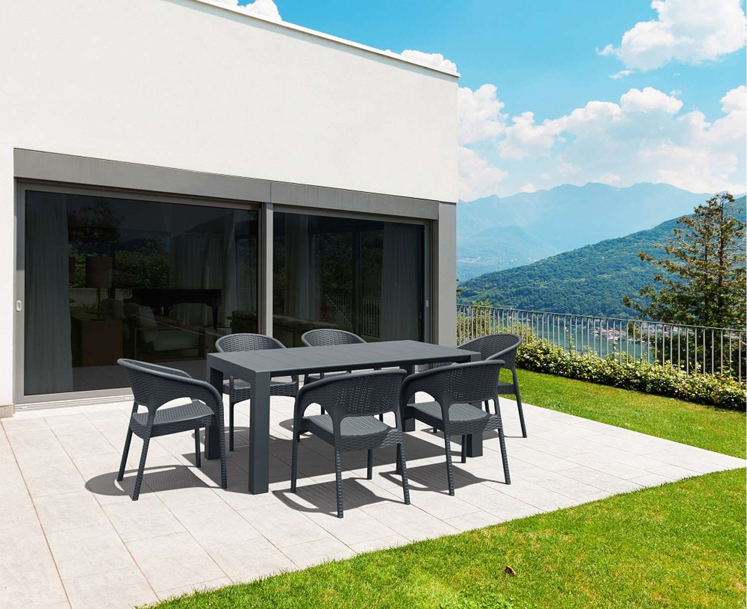 Siesta 7 Piece Rattan Table Setting Package with Panama Arm Chairs Anthracite | Office Furniture Designs