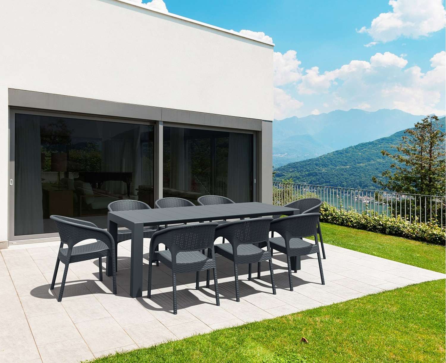 Siesta 9 Piece Rattan Table Setting Package with Panama Arm Chairs Anthracite | Office Furniture Designs